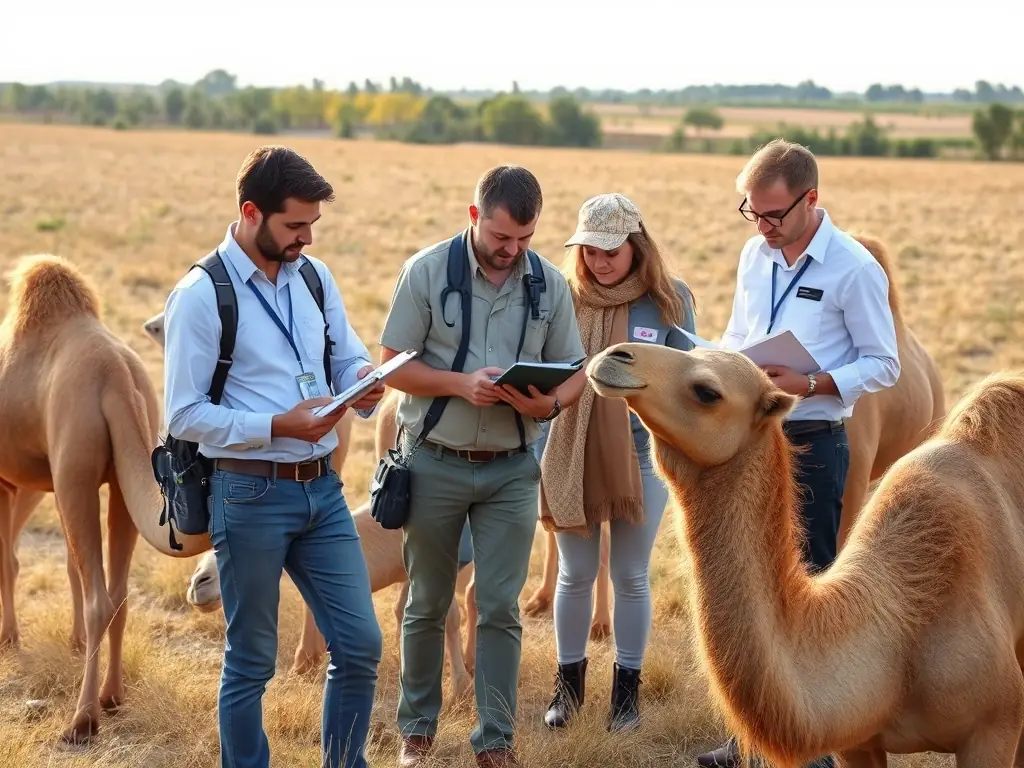 A photograph depicting a group of researchers collecting data during a national camel census in a rural French setting. The image should convey a sense of scientific rigor and dedication to accurate data collection.