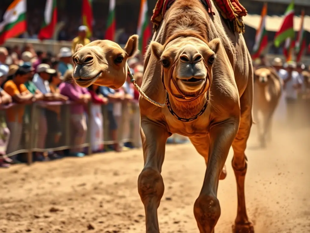 A photograph capturing a camel participating in a traditional French camel race, showcasing the cultural significance and sporting aspect of camel breeding within the French Camel Federation's activities.