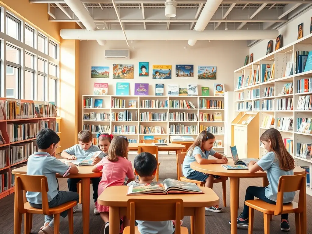 A well-stocked library with children reading and exploring books, highlighting access to educational materials.