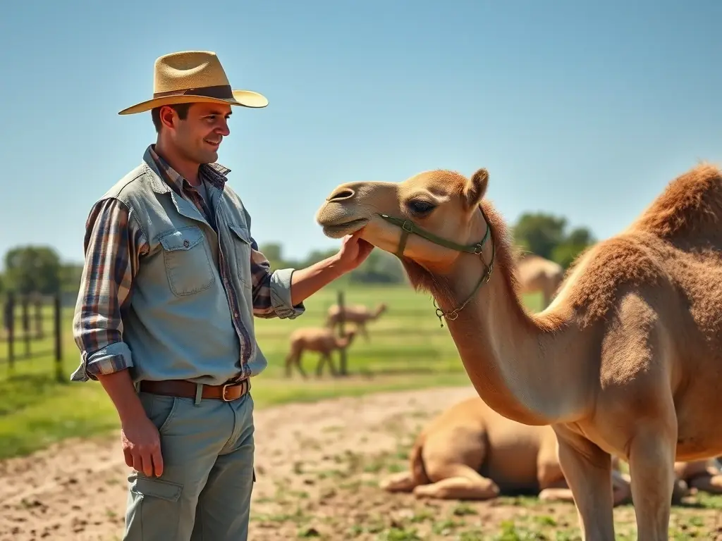 A heartwarming image of a camel breeder interacting with camels in a lush breeding farm, emphasizing the importance of ethical breeding practices and animal welfare supported by the French Camel Federation.