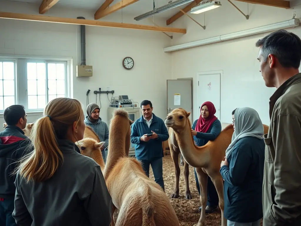 A group of camel breeders attending a FFC training session on modern breeding techniques, with a focus on animal health and productivity.