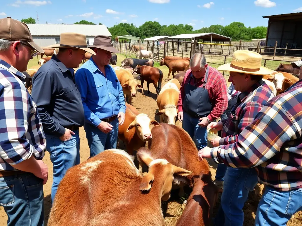 A photograph showing a training session for camel breeders, with participants actively engaged in learning about modern breeding techniques and best practices. The setting should be a practical, hands-on environment.