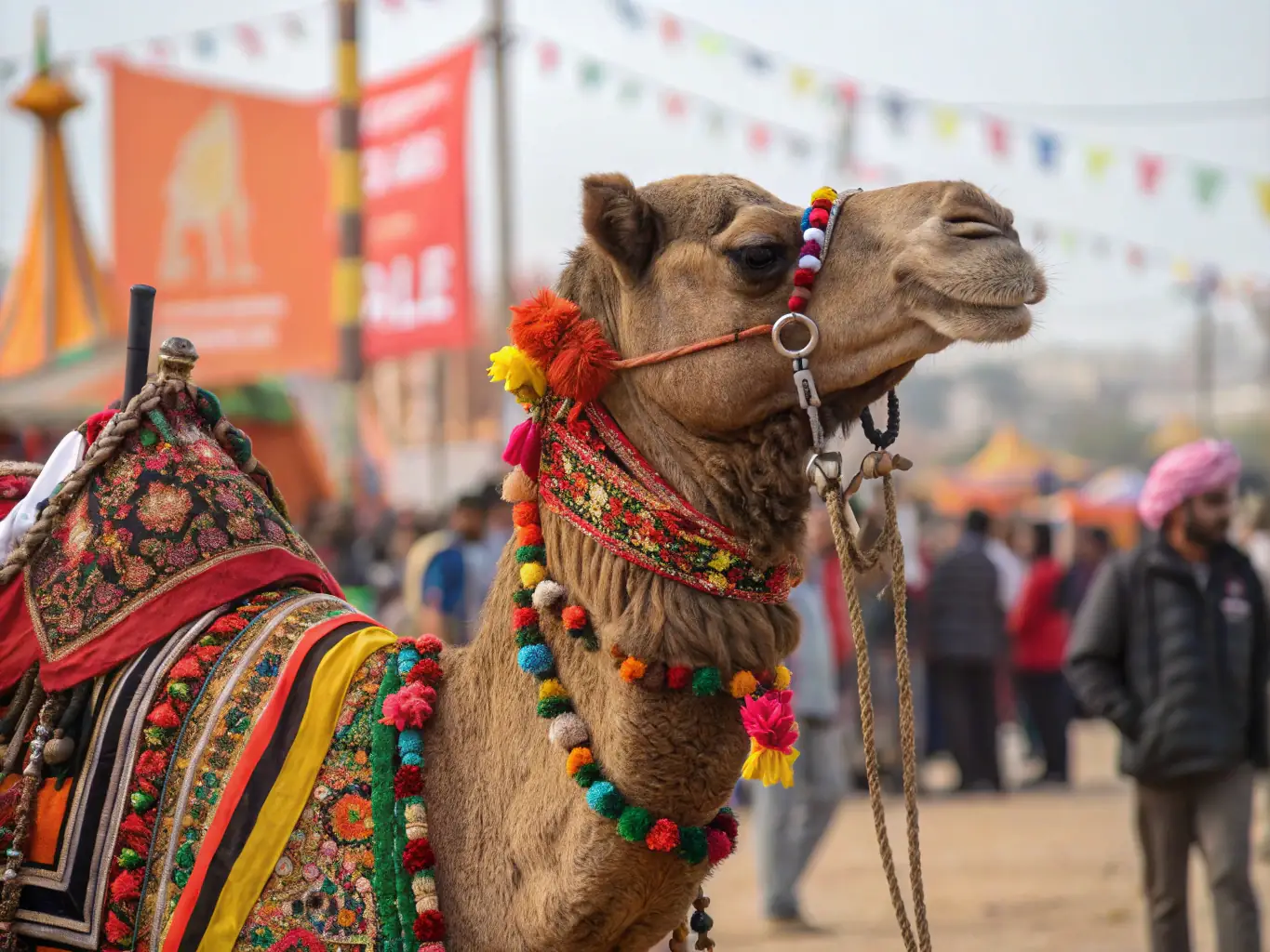 A photograph illustrating a community event focused on promoting camelid breeding, showcasing camels in a festive and engaging atmosphere. The image should highlight the cultural and economic importance of camels.