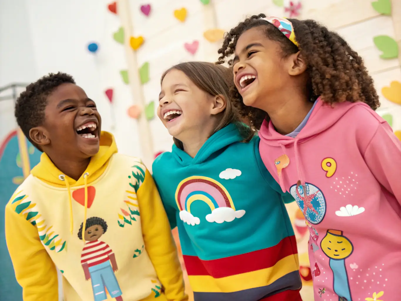A group of children happily selecting clothes from a rack, symbolizing AEL's clothing support program. The setting is bright and welcoming, emphasizing the positive impact on children's well-being.