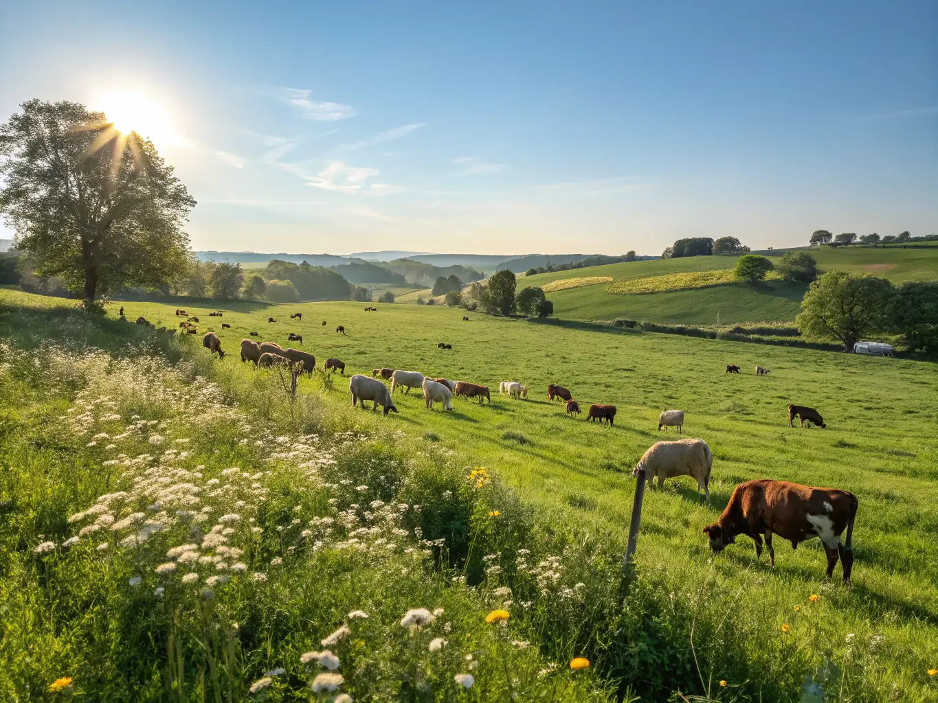A visually appealing image of camels grazing in a sustainable farming environment in France, highlighting the role of camels in supporting local agriculture and biodiversity.
