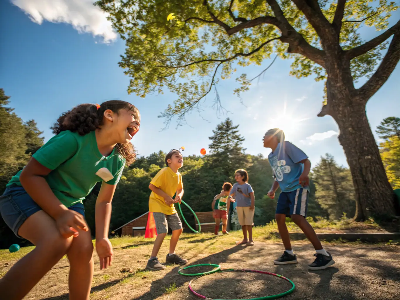 Children laughing and playing during a holiday camp organized by AEL. The scene captures the joy and excitement of new experiences, highlighting the enriching nature of the holiday programs.